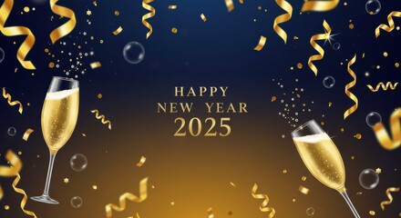 Happy New Year 2025: Celebrate the arrival of 2025 with this festive design featuring golden champagne flutes, shimmering confetti, and elegant ribbons against a rich navy and gold backdrop.