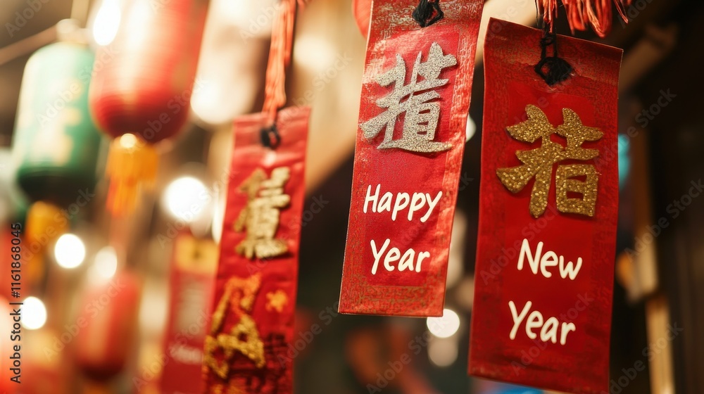 Poster red chinese new year decorations with gold characters and 