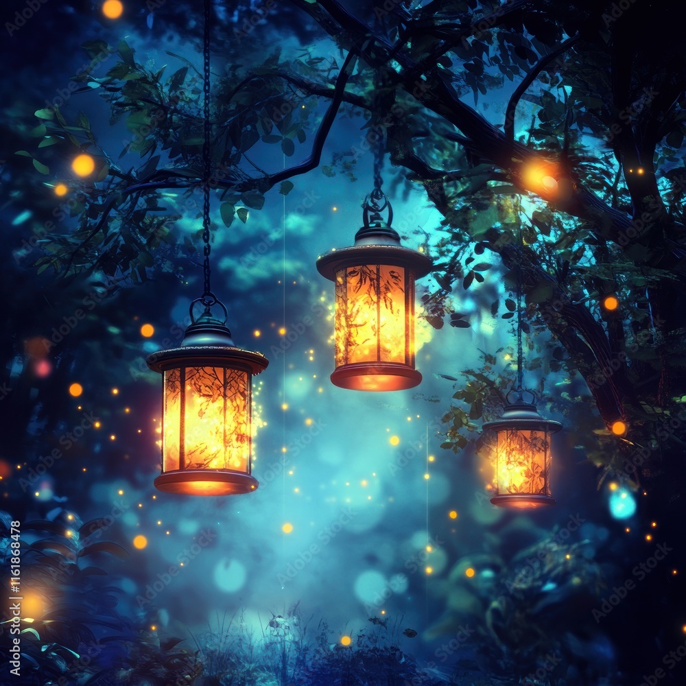 Poster enchanting forest scene with glowing lanterns hanging from a tree at night.