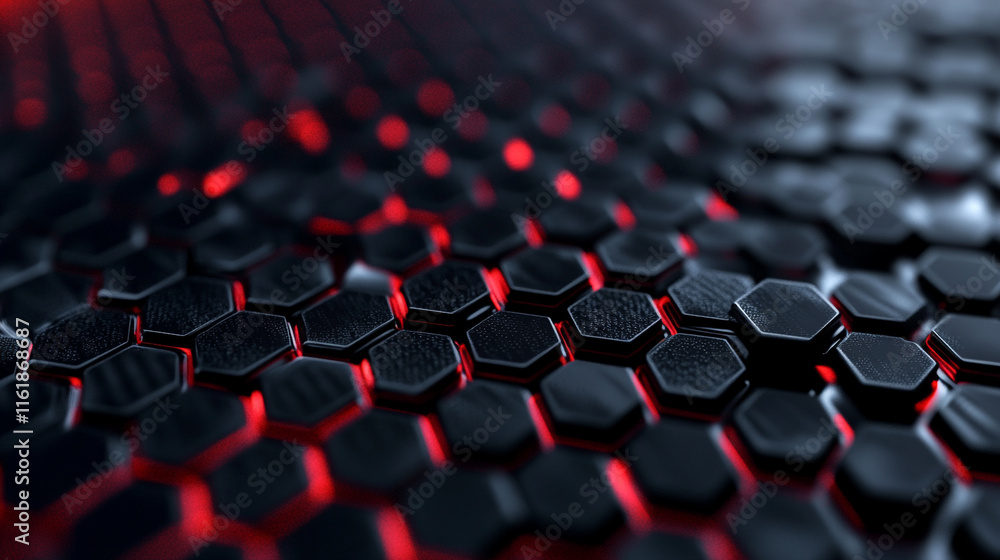 Poster abstract hexagon pattern with red glowing edges, red and black hexagons wireframe wallpaper, desktop