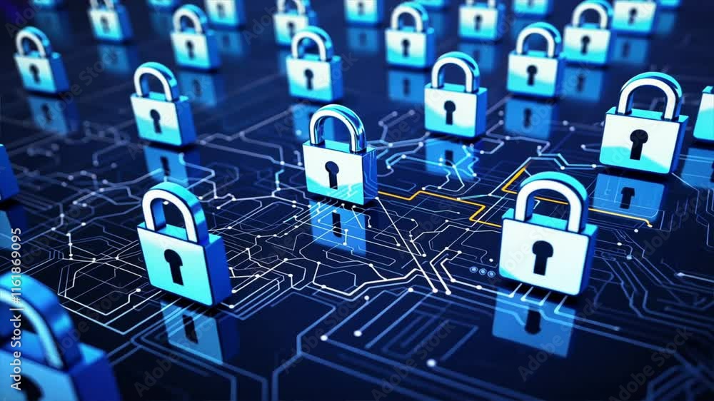 Poster digital locks on circuit board symbolize cybersecurity and data protection, highlighting importance 