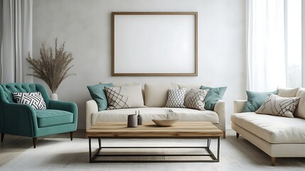 Modern living room interior with beige sofa, teal armchair, wooden coffee table, and blank frame on wall.