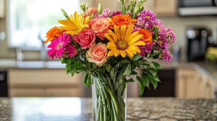 A bouquet of mixed flowers in a vase on a kitchen counter for Mother's Day morning.