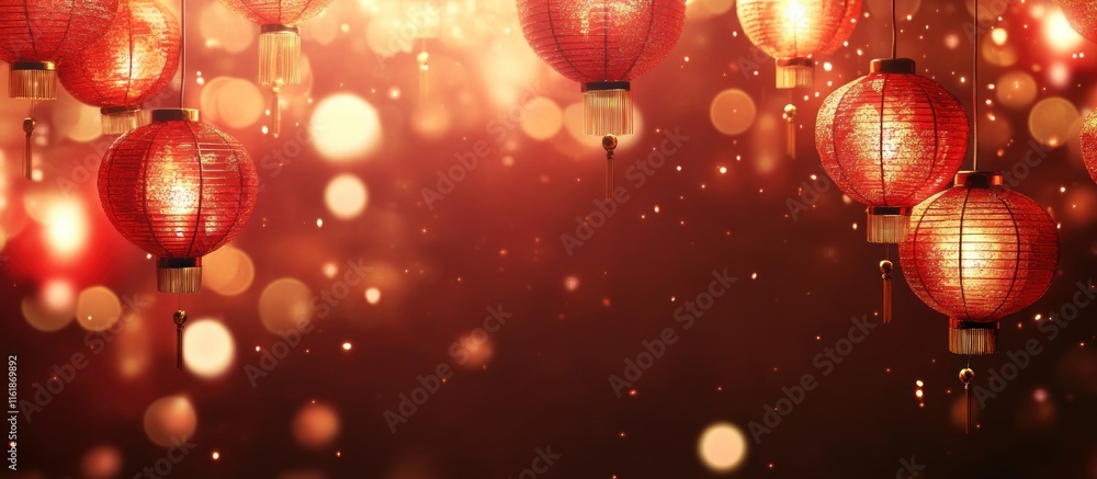 Poster glowing red lanterns hang against a bokeh background.