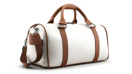 White canvas duffel bag with brown leather trim and shoulder strap, isolated on white background.