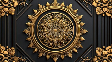 Intricate gold mandala design on dark background.