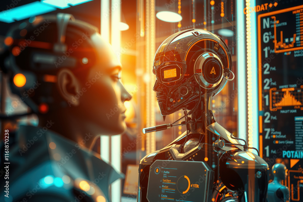 Poster futuristic scene depicting human interacting with humanoid robot in high tech environment, illuminat