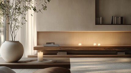 Dark wooden shelf in a cozy bedroom with ceramic candle and books, dark wood furniture, soft sunset daylight, muted sepia tones, wood, leather, and white interior creating a calm, cozy mood.