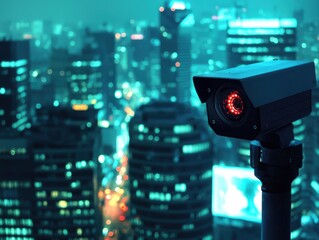 Fototapeta premium Surveillance camera monitoring city skyline at night urban environment aerial view technology concept