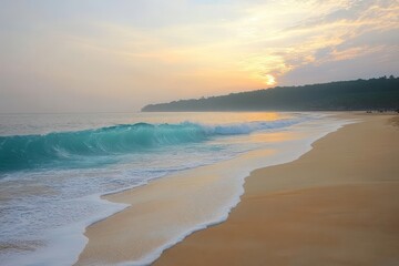 Sunset beach scene with turquoise wave rolling onto sandy shore.