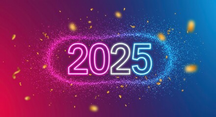 2025 Neon Glow: A vibrant and futuristic design with sparkling confetti, illuminating the new year 2025 in a neon glow.