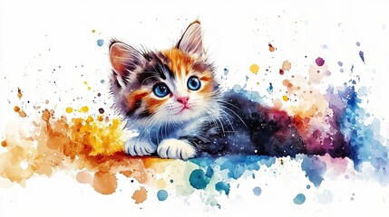 adorable kitty in watercolor Cats and kittens in various colors on a white backdrop in a watercolor floral design. A watercolor painting of a cat. 