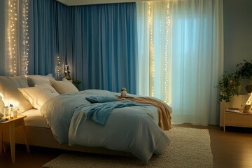 Fototapeta premium Cozy bedroom with soft lighting, a bed, and decorative elements creating a serene atmosphere.