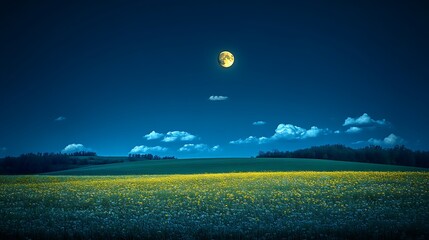 Nighttime Field of Yellow Flowers Under Full Moon