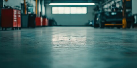 Empty garage floor with blurred background of tools and vehicles.