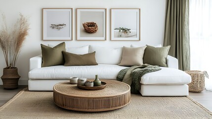 Modern living room interior with white sofa, round coffee table, neutral color palette, and natural decor elements.
