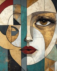 Abstract Cubist Portrait Paintings with Bold Earthy and Teal Tones