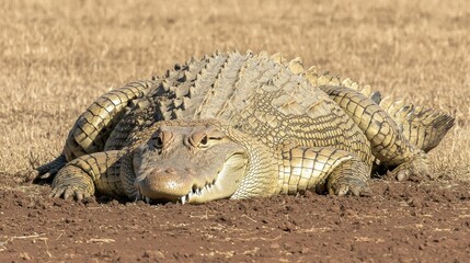 Fototapeta premium Large crocodile resting on dry, reddish-brown ground near dry, light brown grass.