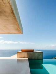 Elegant infinity pool with ocean view under clear blue sky at a modern architectural site