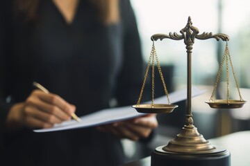 Legal counsel, Lawyer explaining documents to client, scales of justice in focus, fairness