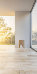 Serene interior with wooden stool and natural light in modern space during sunset