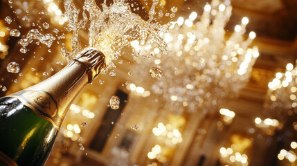 A festive moment frozen in time, champagne bottle exploding with golden liquid, set against a grand ballroom lit by crystal chandeliers
