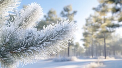 Frost Covered Pine Branch In A Winter Forest