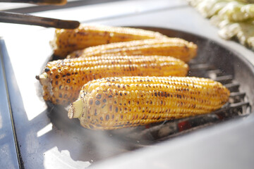 Grilling a delicious ear of corn on the cob during a sunny and warm summer day outdoors