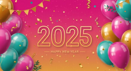 Happy New Year 2025! Celebrate the arrival of 2025 with this vibrant, festive design featuring balloons, confetti, and the bold number 2025. Perfect for greeting cards, social media.