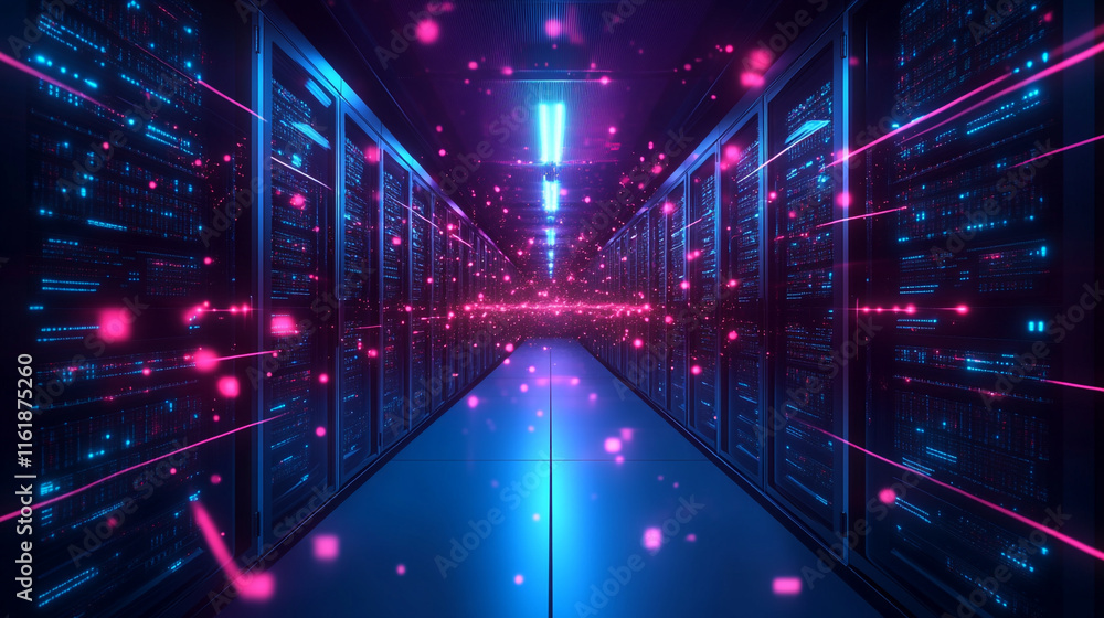 Poster a high-tech corridor lined with servers, characterized by glowing data streams, futuristic data cent