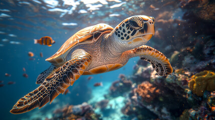 Fototapeta premium A sea turtle swims in crystal clear water