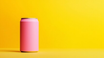 Vibrant Pink Beverage Can against a Sunny Yellow Background. Refreshing