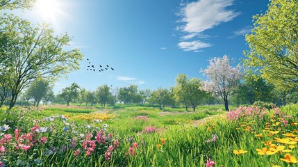 A bright spring scene with colorful flowers, green grass, and birds chirping under a clear blue sky.