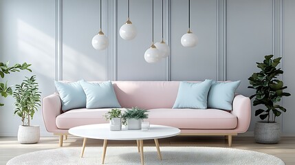 Pastel pink sofa in a modern living room with light blue cushions, white coffee table, plants, and globe pendant lights.