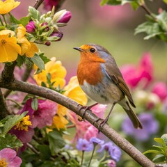 Fototapeta premium Original Robin bird blue with red perching on a branch surrounded by vibrant flowers ai generated