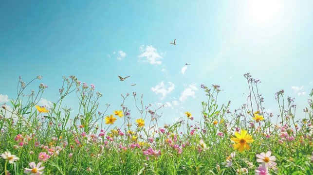 A bright spring scene with colorful flowers, green grass, and birds chirping under a clear blue sky