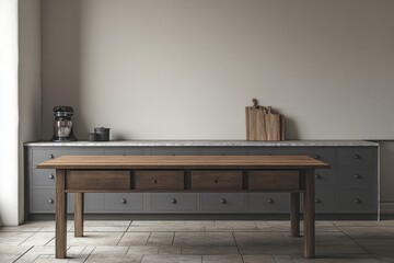 Rustic wooden kitchen table on grey cabinets.