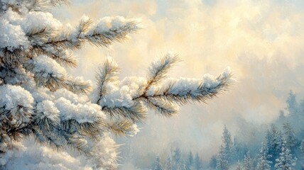 Obraz premium Snow Laden Pine Branches Winter Landscape Painting