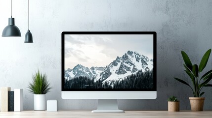 Fototapeta premium Serene Workspace, Mountain View on a Modern Desktop. Minimalist aesthetic, peaceful atmosphere