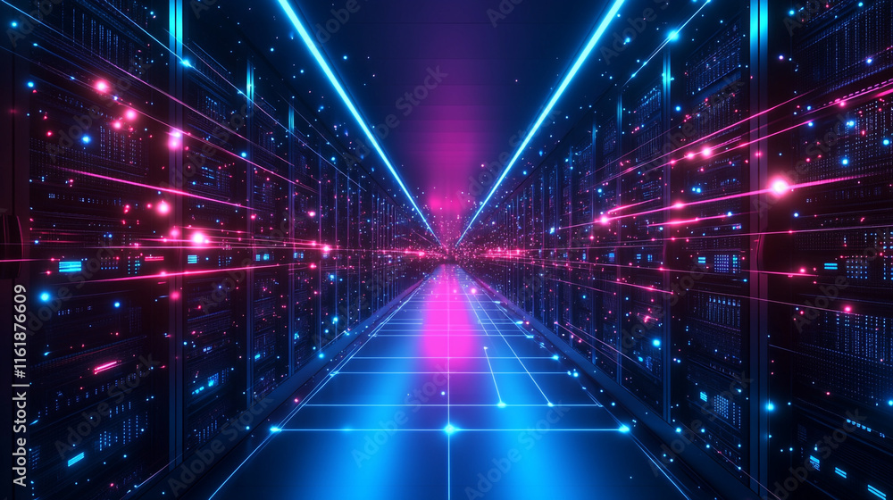 Poster a high-tech corridor lined with servers, characterized by glowing data streams, futuristic data cent