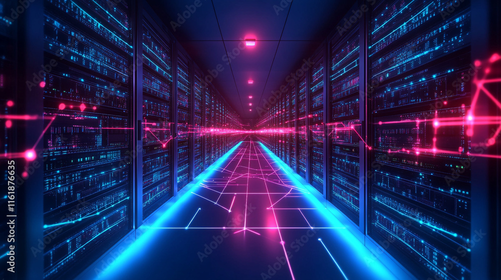Poster a high-tech corridor lined with servers, characterized by glowing data streams, futuristic data cent