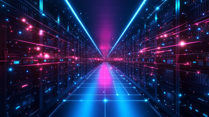 Fototapeta premium A high-tech corridor lined with servers, characterized by glowing data streams, Futuristic Data Center Corridor with Glowing Blue and Red Lights, 