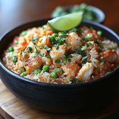 a sumptuous bowl of the most tastiest shrimp fried rice loaded with fresh raw ingredients, a slice...