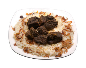 deep fried pepper beef Peshawar rice in a white ceramic plate