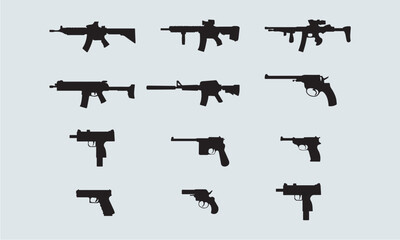 Collection of Firearm and Gun Silhouettes in Various Shapes and Sizes