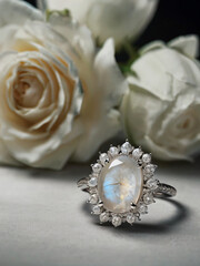 A radiant white moonstone sits at the heart of this elegant gold ring.