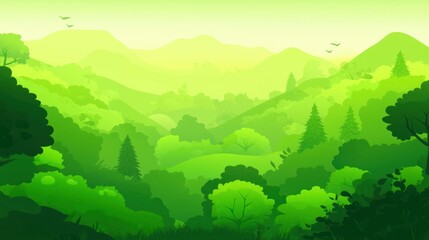 Lush green valley landscape with rolling hills, trees, and birds.