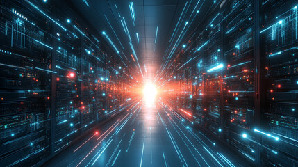 a close up of a blue and red light in a dark room explosion of data fragments, Digital Tunnel - A Journey Through Technology