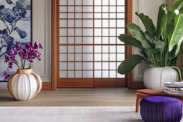 Modern interior design showcasing elegant plants and floral arrangements with natural light