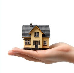 hand holding house on white